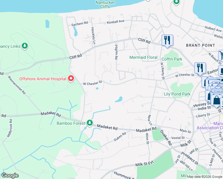 map of restaurants, bars, coffee shops, grocery stores, and more near 84 West Chester Street in Nantucket