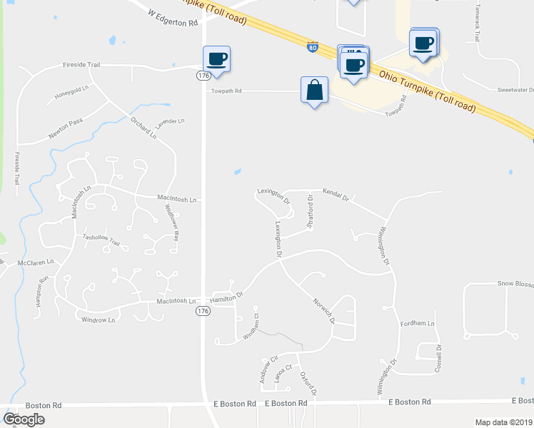 map of restaurants, bars, coffee shops, grocery stores, and more near 294 Lexington Circle in Broadview Heights