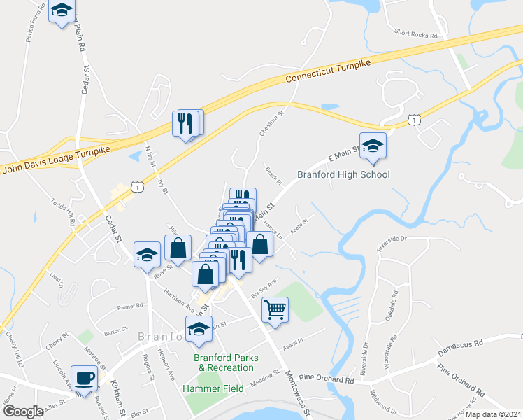 map of restaurants, bars, coffee shops, grocery stores, and more near 34 East Main Street in Branford