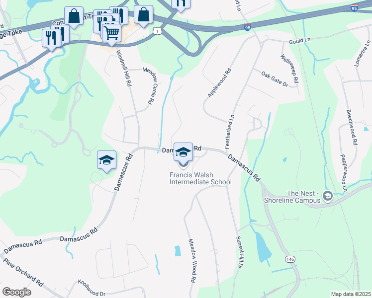 map of restaurants, bars, coffee shops, grocery stores, and more near 185 Damascus Road in Branford