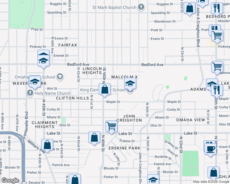 map of restaurants, bars, coffee shops, grocery stores, and more near 3802 Binney Street in Omaha