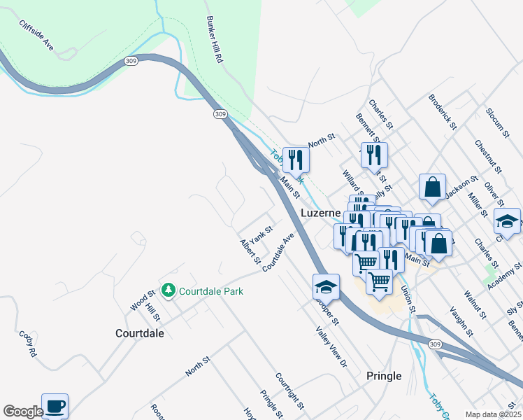 map of restaurants, bars, coffee shops, grocery stores, and more near Courtdale Avenue in Courtdale