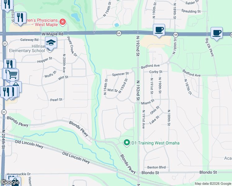 map of restaurants, bars, coffee shops, grocery stores, and more near 3006 North 193rd Street in Omaha