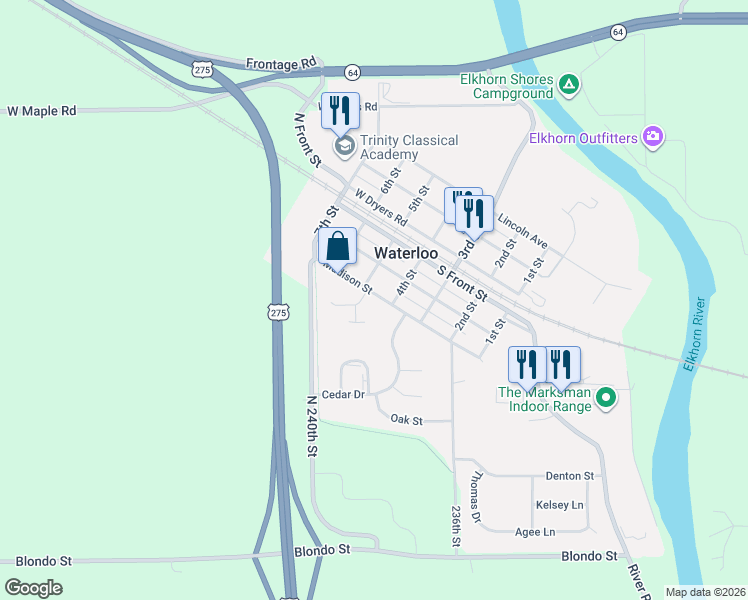 map of restaurants, bars, coffee shops, grocery stores, and more near 410 Madison Street in Waterloo