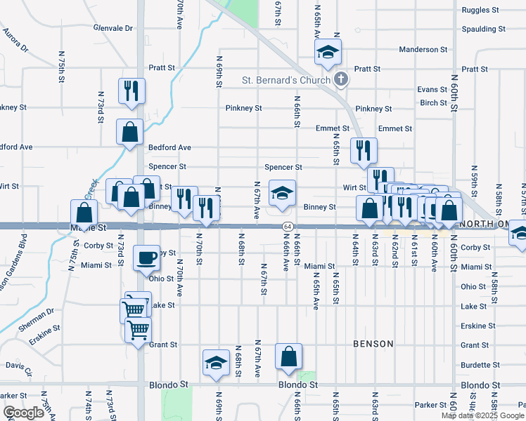 map of restaurants, bars, coffee shops, grocery stores, and more near 6645 Binney Street in Omaha
