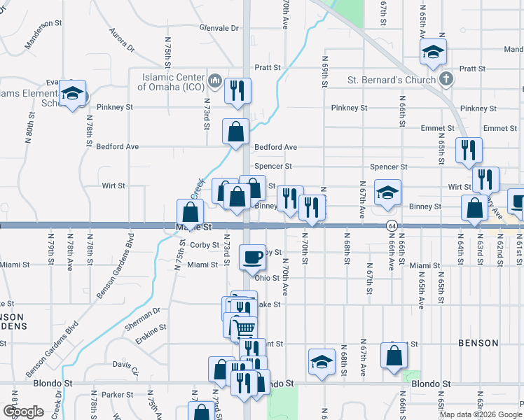 map of restaurants, bars, coffee shops, grocery stores, and more near 7070 Binney Street in Omaha