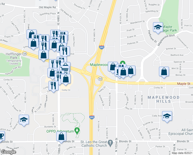 map of restaurants, bars, coffee shops, grocery stores, and more near 14513 Maple St in Omaha
