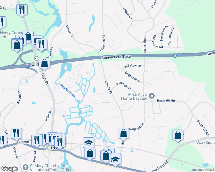 map of restaurants, bars, coffee shops, grocery stores, and more near 1 Meadowview Estates in Clinton