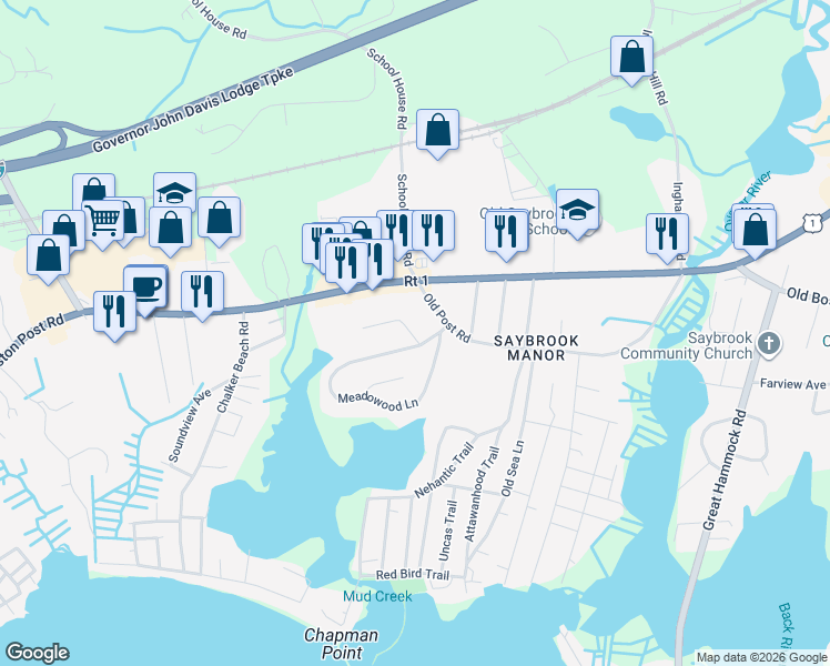 map of restaurants, bars, coffee shops, grocery stores, and more near 6 Meadowood Lane in Old Saybrook