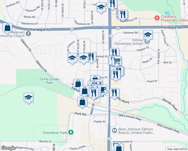 map of restaurants, bars, coffee shops, grocery stores, and more near 20560 Pearl Street in Omaha