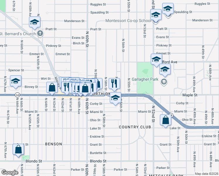 map of restaurants, bars, coffee shops, grocery stores, and more near 2919 North 58th Street in Omaha