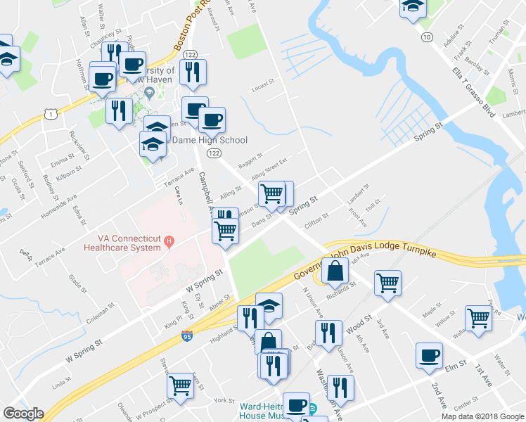 map of restaurants, bars, coffee shops, grocery stores, and more near 841 1st Avenue in West Haven