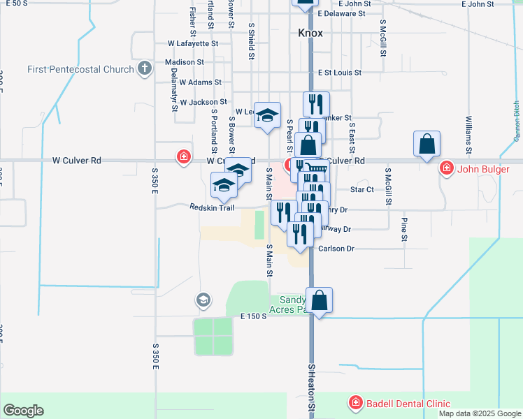 map of restaurants, bars, coffee shops, grocery stores, and more near Clabaugh Dr in Knox