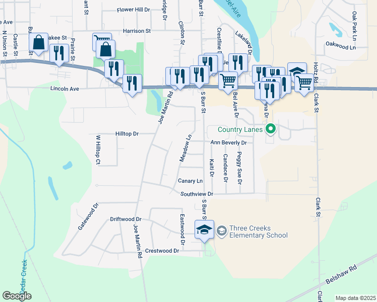 map of restaurants, bars, coffee shops, grocery stores, and more near 320 Meadow Lane in Lowell