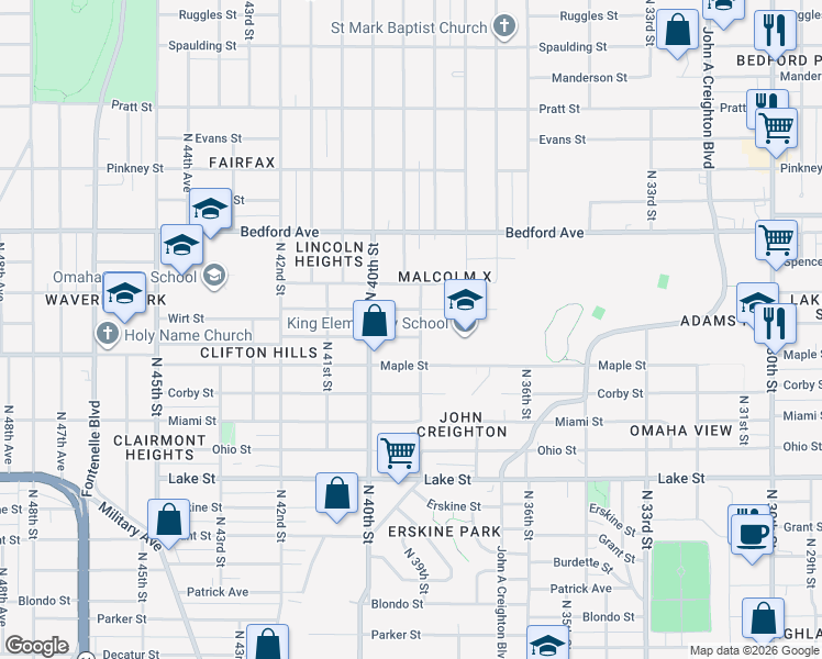 map of restaurants, bars, coffee shops, grocery stores, and more near 3802 Binney Street in Omaha