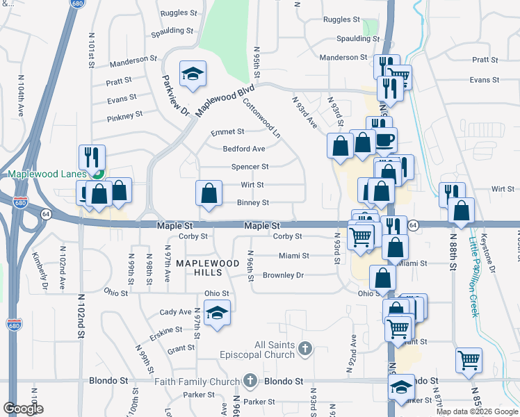 map of restaurants, bars, coffee shops, grocery stores, and more near 9473 Binney Street in Omaha