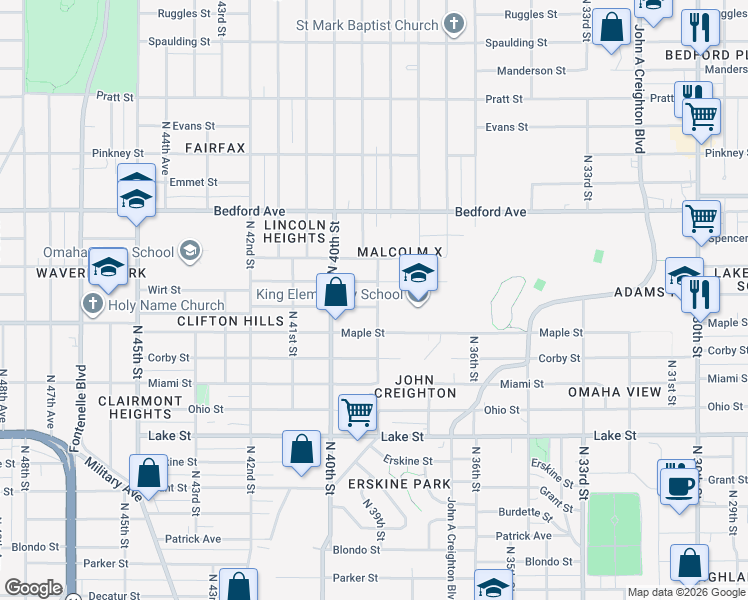 map of restaurants, bars, coffee shops, grocery stores, and more near 3802 Binney Street in Omaha