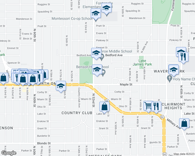 map of restaurants, bars, coffee shops, grocery stores, and more near 5120 Maple Street in Omaha