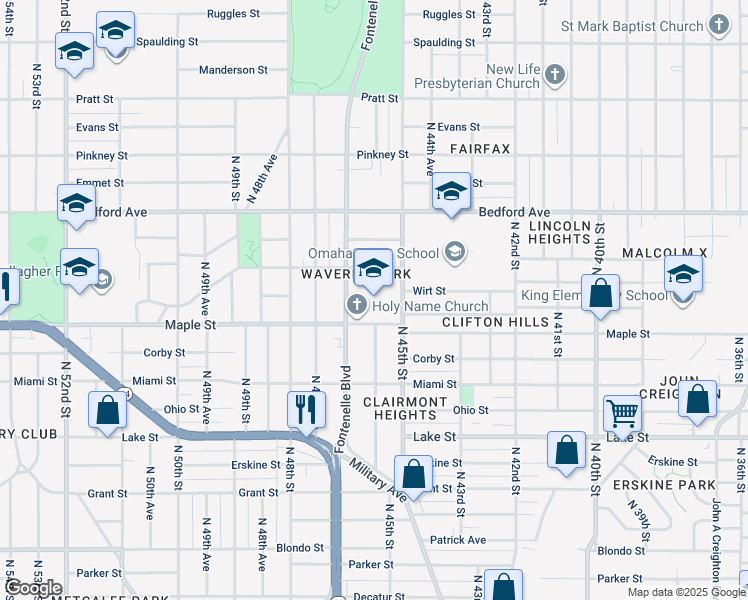 map of restaurants, bars, coffee shops, grocery stores, and more near 2901 Fontenelle Blvd in Omaha