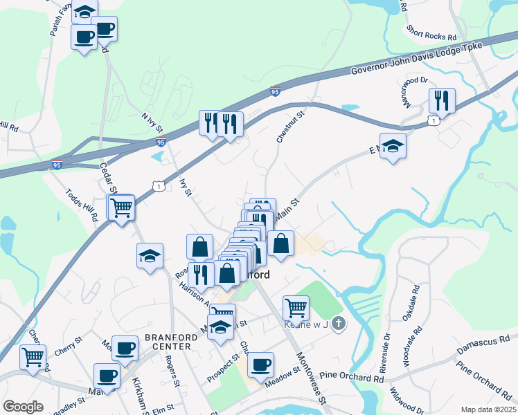 map of restaurants, bars, coffee shops, grocery stores, and more near 30 Chestnut Street in Branford
