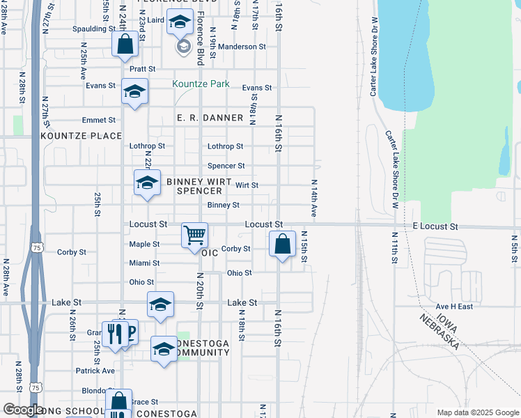 map of restaurants, bars, coffee shops, grocery stores, and more near 1621 Binney Street in Omaha