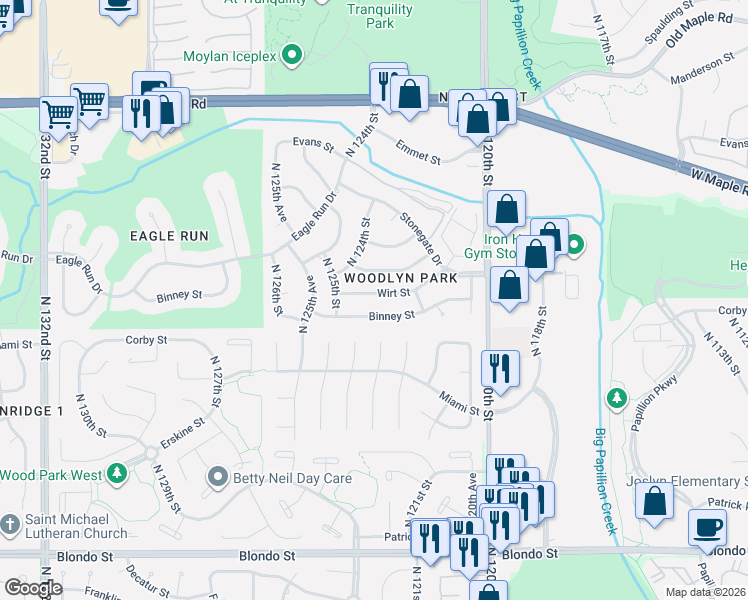 map of restaurants, bars, coffee shops, grocery stores, and more near 12311 Wirt Street in Omaha