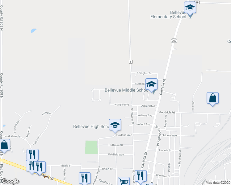 map of restaurants, bars, coffee shops, grocery stores, and more near 121 Meadowlark Drive in Bellevue