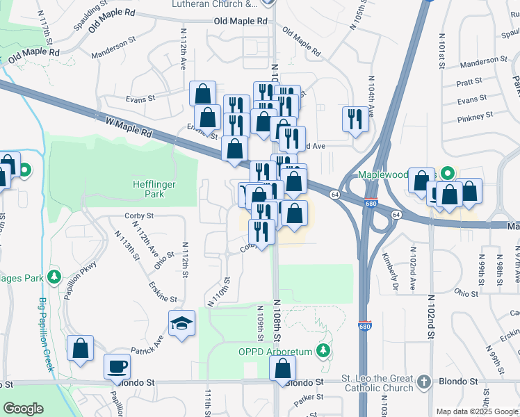 map of restaurants, bars, coffee shops, grocery stores, and more near 10817 Cottonwood Lane in Omaha