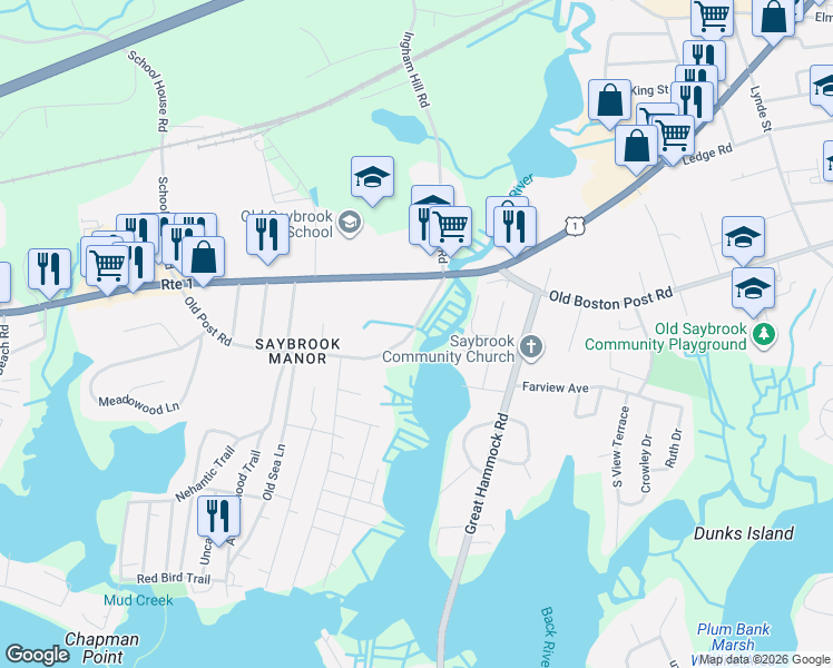 map of restaurants, bars, coffee shops, grocery stores, and more near 40 Old Post Road in Old Saybrook