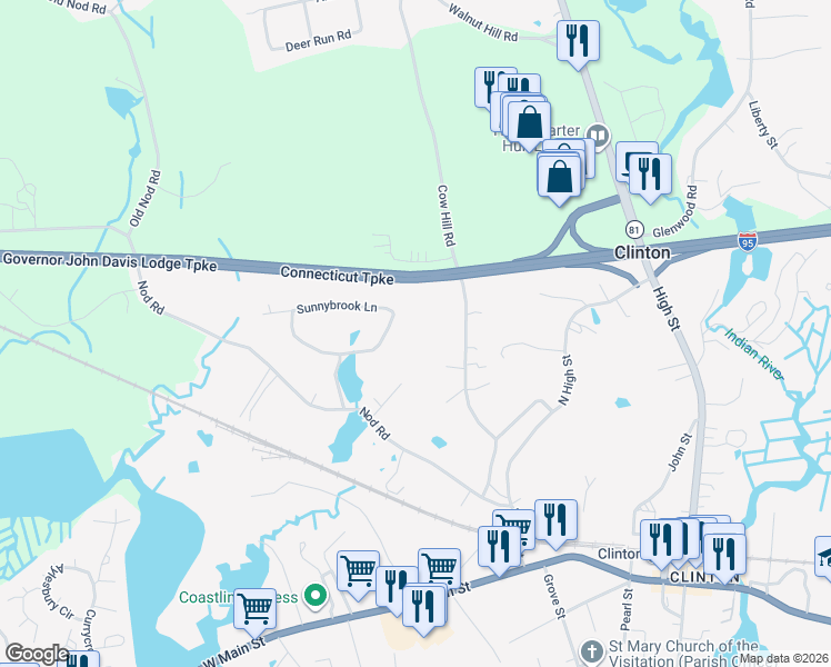 map of restaurants, bars, coffee shops, grocery stores, and more near 16 Sunnybrook Lane in Clinton