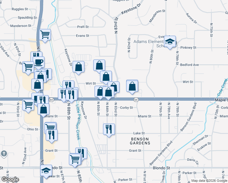 map of restaurants, bars, coffee shops, grocery stores, and more near 2916 North 83rd Street in Omaha