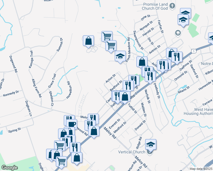 map of restaurants, bars, coffee shops, grocery stores, and more near 29 Ipswich Street in West Haven