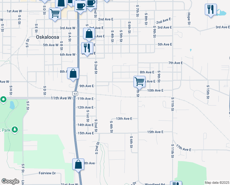 map of restaurants, bars, coffee shops, grocery stores, and more near 1022 South 4th Street in Oskaloosa