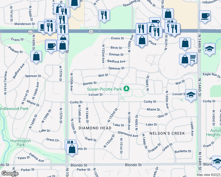 map of restaurants, bars, coffee shops, grocery stores, and more near 2918 North 152nd Street in Omaha
