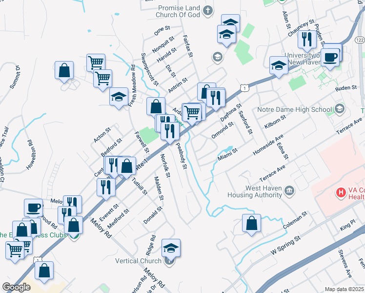 map of restaurants, bars, coffee shops, grocery stores, and more near 18 Peabody Street in West Haven