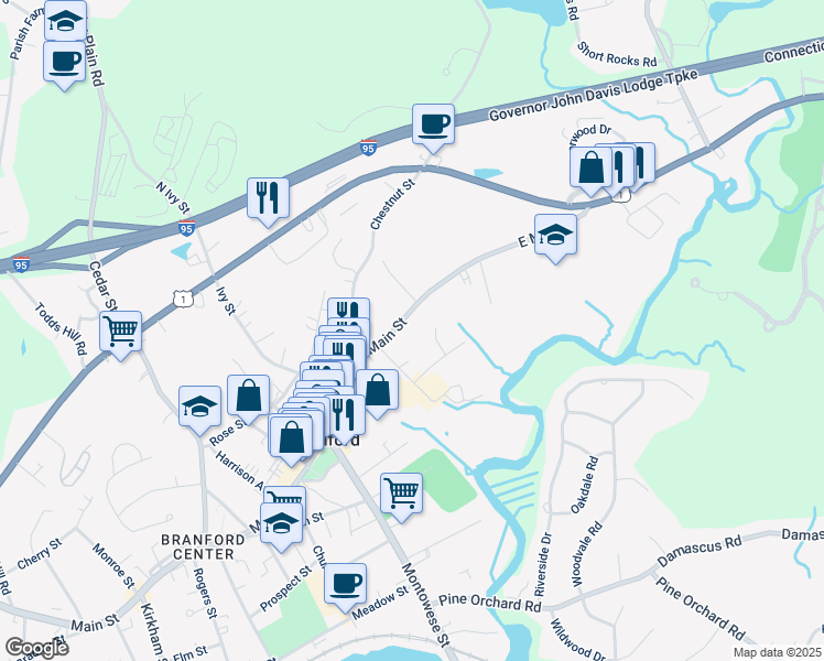map of restaurants, bars, coffee shops, grocery stores, and more near 18 Village Green Court in Branford