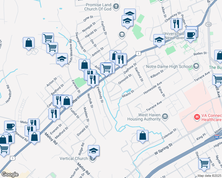 map of restaurants, bars, coffee shops, grocery stores, and more near 18 Hamilton Street in West Haven