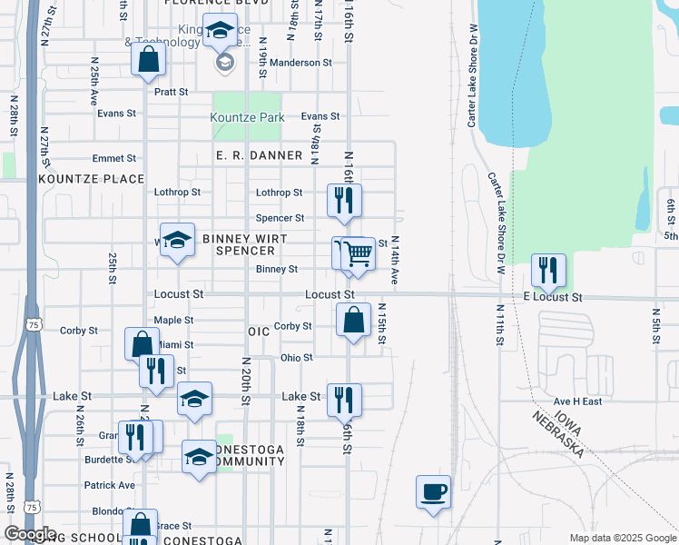 map of restaurants, bars, coffee shops, grocery stores, and more near 1621 Binney Street in Omaha