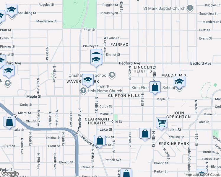 map of restaurants, bars, coffee shops, grocery stores, and more near 4277 Wirt Street in Omaha