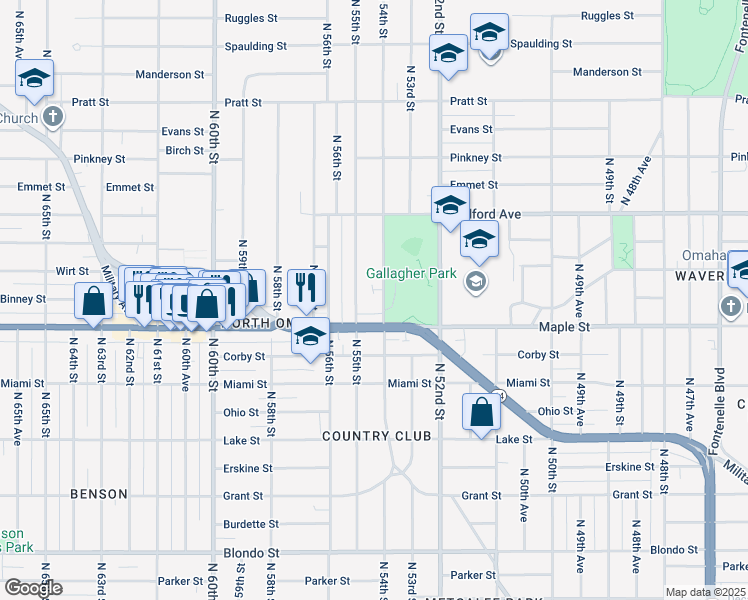 map of restaurants, bars, coffee shops, grocery stores, and more near 2925 North 55th Street in Omaha