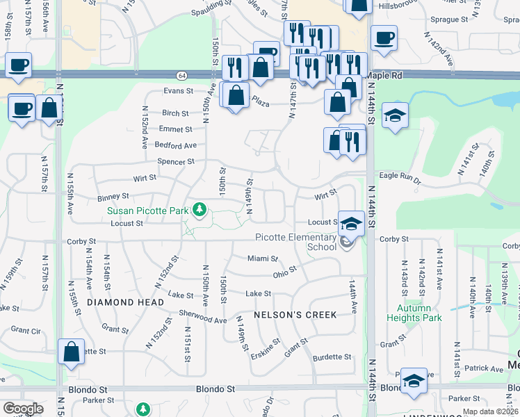 map of restaurants, bars, coffee shops, grocery stores, and more near 3004 North 148th Street in Omaha