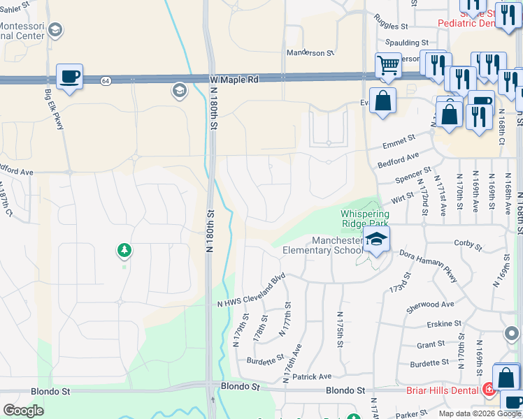 map of restaurants, bars, coffee shops, grocery stores, and more near 3009 North 179th Street in Omaha