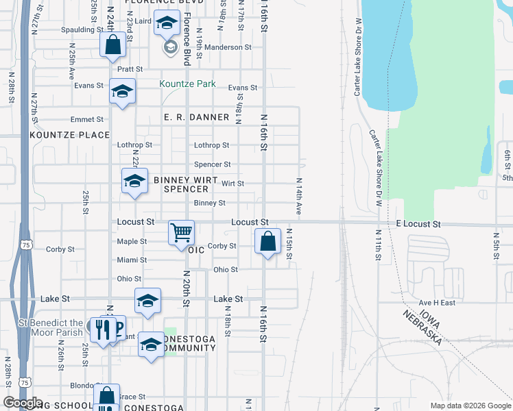 map of restaurants, bars, coffee shops, grocery stores, and more near 1609 Binney Street in Omaha