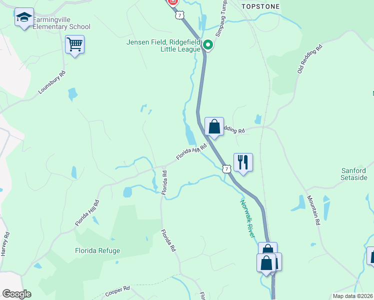map of restaurants, bars, coffee shops, grocery stores, and more near 358 Florida Hill Road in Ridgefield