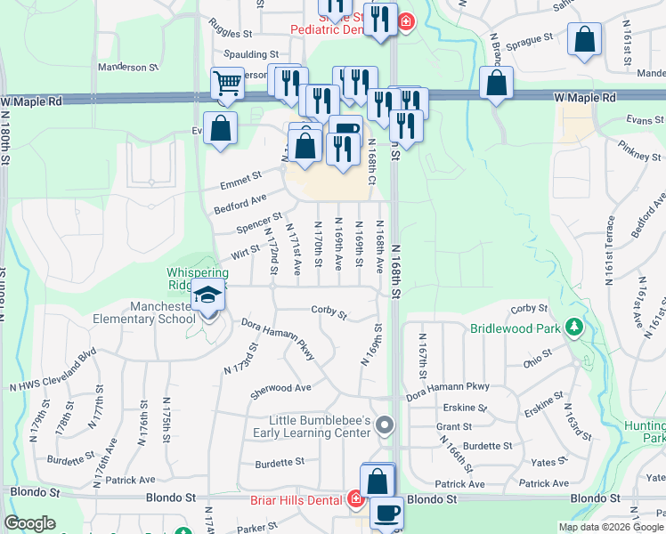 map of restaurants, bars, coffee shops, grocery stores, and more near 2923 North 169th Avenue in Omaha