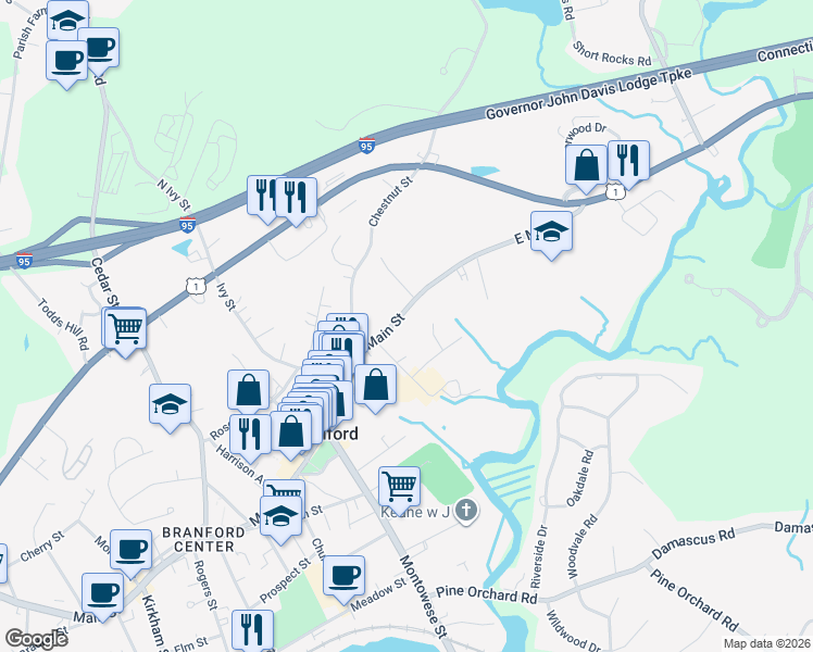 map of restaurants, bars, coffee shops, grocery stores, and more near 18 Village Green Court in Branford