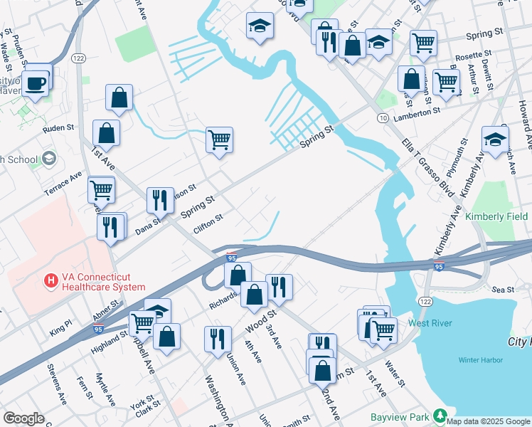 map of restaurants, bars, coffee shops, grocery stores, and more near 28 Thill Street in West Haven