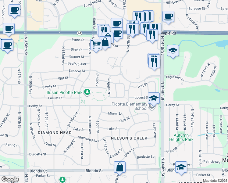 map of restaurants, bars, coffee shops, grocery stores, and more near 3004 North 148th Street in Omaha