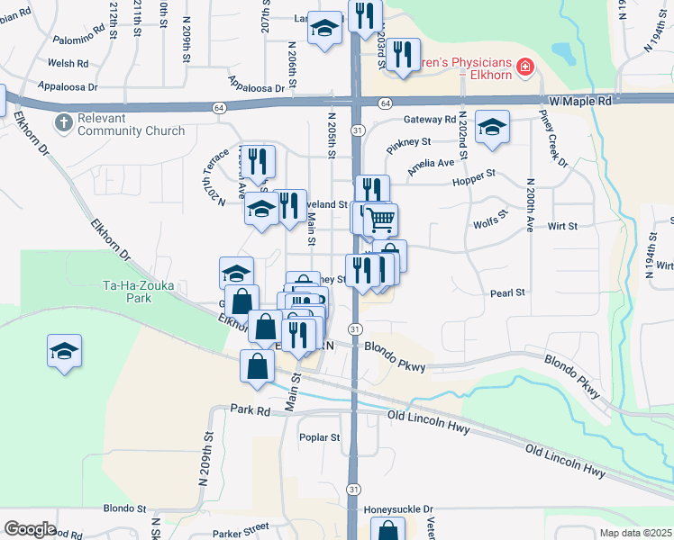 map of restaurants, bars, coffee shops, grocery stores, and more near 3011 North 205th Street in Omaha