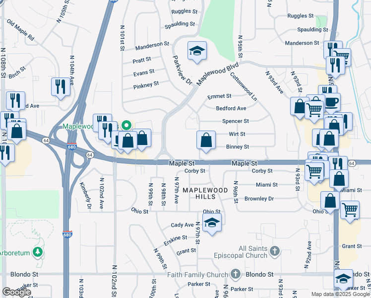 map of restaurants, bars, coffee shops, grocery stores, and more near 3022 North 97th Street in Omaha